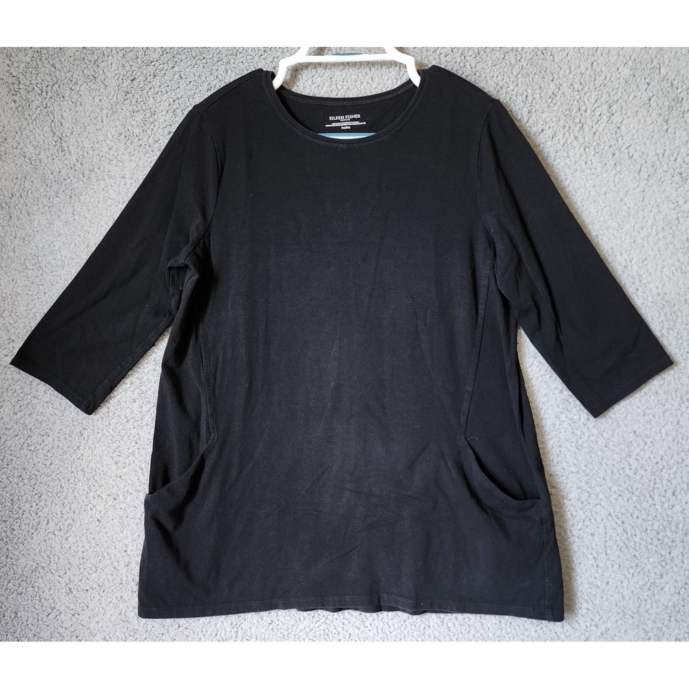 Eileen Fisher Tunic T Shirt‎ Top Womens PM Black 3/4 Sleeve Front Pockets Cotton